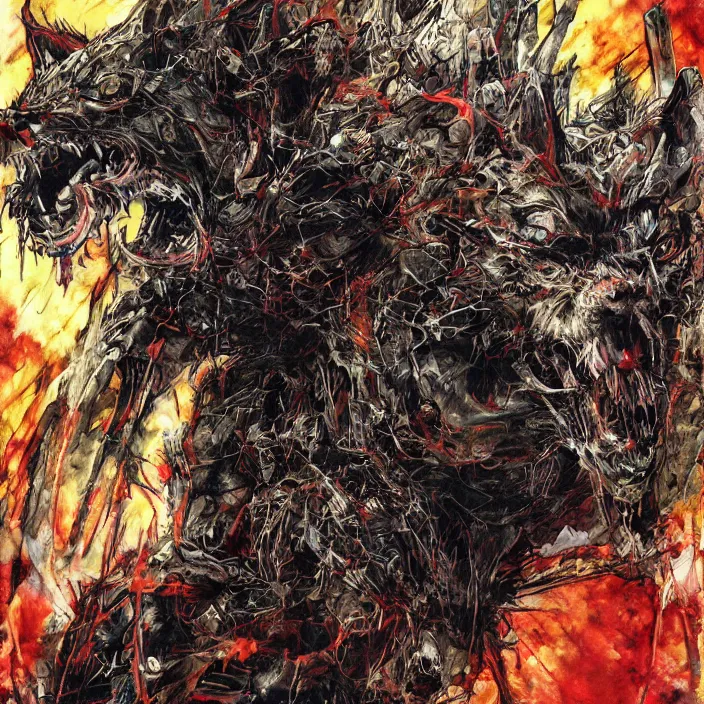 Image similar to hell dog creature, painting, by greg ruthowski, yoshikata amano, yoji shinkawa, alphonse murac, collaborative artwork, beautifully drawn, heavily detailed