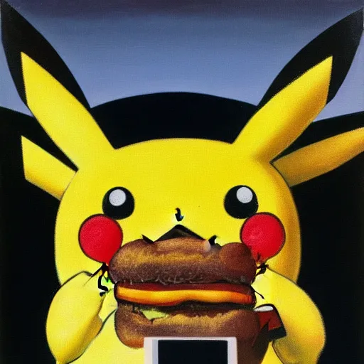 Prompt: pikachu eating a sandwich, oil painting magritte