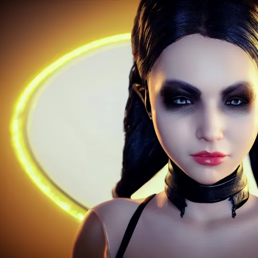 Prompt: a young girl with a pleasant face, black makeup, a long white braid, in a leather corset, ultra - quality, super - detailed work, play of light, ears shine through yellow light, focus unreal engine 5,