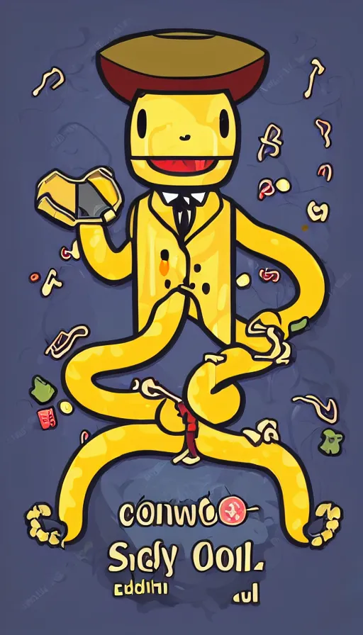 Prompt: kawaii anthropomorphic cowboy snake oil salesman, mascot logo for edible crypto stimulant SNAKEOIL