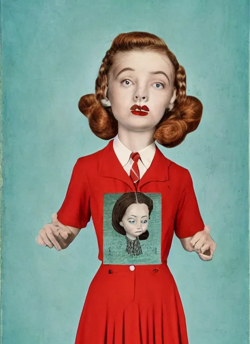 Image similar to portrait of a girl whose head is a comically large tarantula and whose body is dressed in a 1950s school dress, inspired by Mark Ryden and Marion Peck, hints of Cronenberg