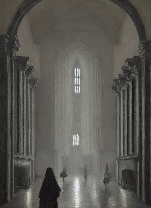 Image similar to medium shot, painting of white blurry ghostly human figures, dark academia aesthetic, Hogwarts, magic vibes, soft lighting, by John Ward, by Arthur Walker, by Vermeer, by Monet, oil on canvas, Royal Academy, masterpiece, trending on artstation, cinematic composition, dramatic pose, beautiful lighting, sharp, details, hyper-detailed, HD