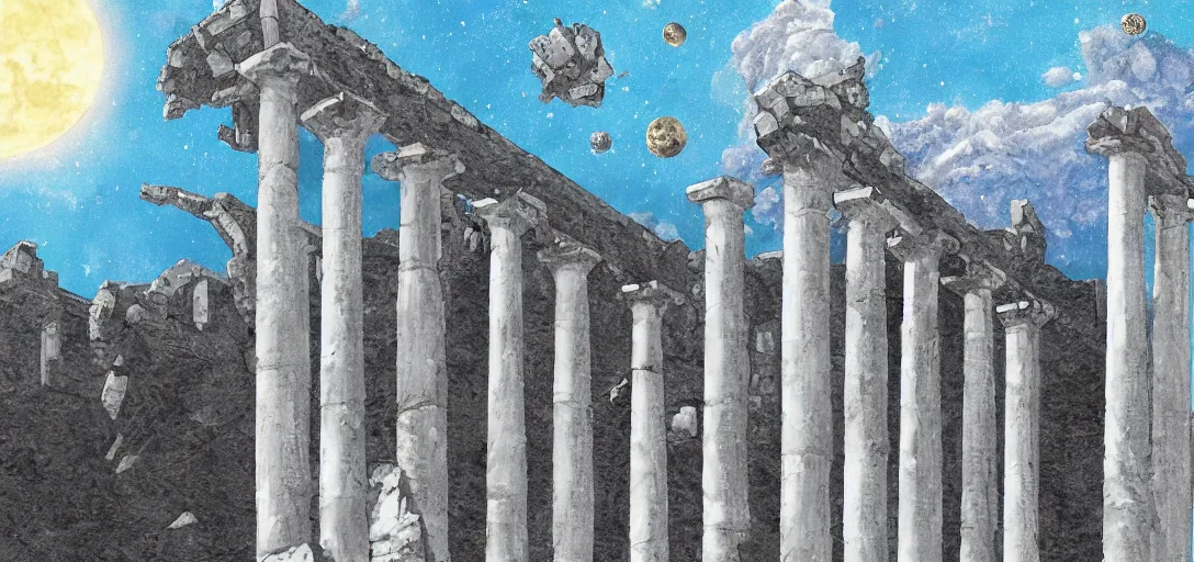 Image similar to The ruins of the Silver Millennium on the moon from Sailor Moon, digital painting, Earth in the distance, Greek-esque columns and ruins
