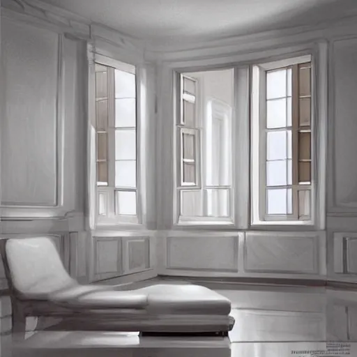 Prompt: cream - colored room, vanilla - colored lighting, marble room, marble slabs, window to night time, night time, warm lighting inside, art by artgerm