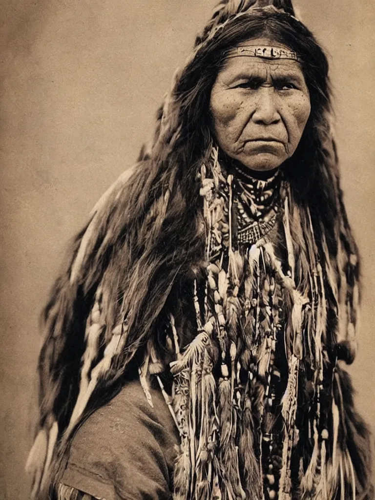 Image similar to “Color Photo of Native American indian woman, portrait, skilled warrior of the Chiricahua Apache, Lozen, wearing traditional clothing, showing pain and sadness on her face, realistic, detailed, shot like National Geographic”