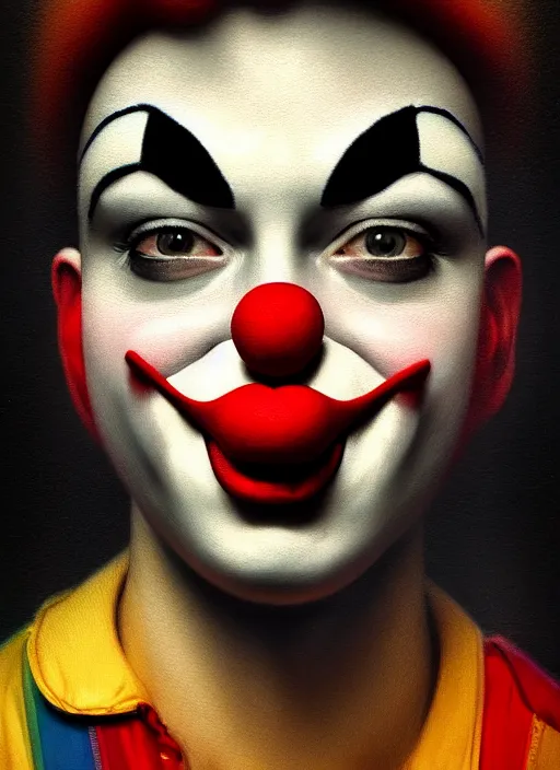 Prompt: polaroid selfie of clown influencer, diaphanous, render, octane, detailed, award winning photography, masterpiece, dark backround, highly detailed, digital illustration, trending in artstation, modern painting, smooth, sharp focus, intricate, einar jonsson and bouguereau