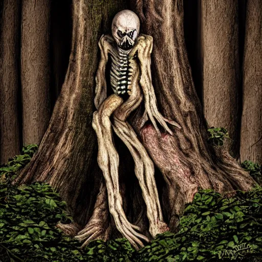 Image similar to an angry pale corpse trapped within a tree trunk, horror, photography, hyper realistic, daytime, gloomy forest, nightmarish