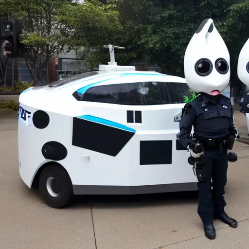 Prompt: robotic police unit shaped like an anthropomorphic rabbit, standing next to a parked futuristic police car