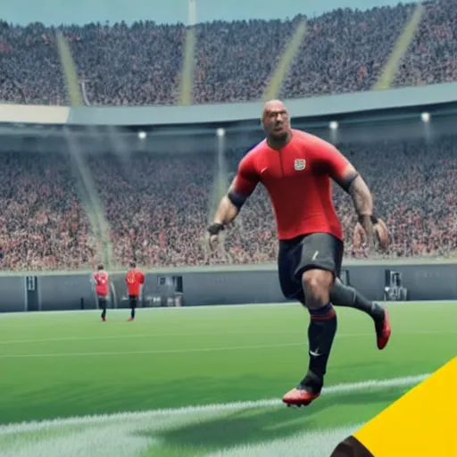 Prompt: screenshoot of dwayne johnson as football player on fifa 2 2 pc gameplay, celebrate goal