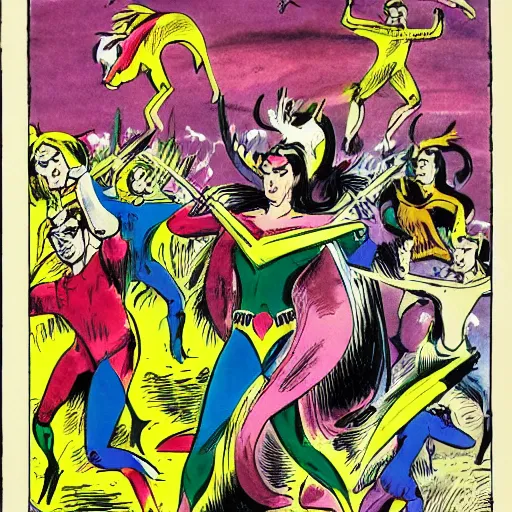 Prompt: comic book image of a group of thirteen unicorns dancing on a graveyard, water color, vibrant colors, art of jack kirby