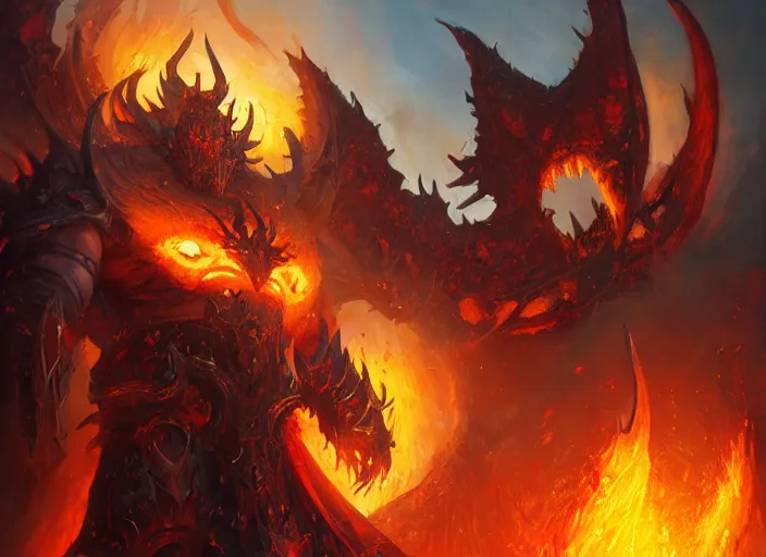 Image similar to artwork of ragnaros from world of warcraft by denning guy, amano yoshitaka, berkey john, bowater charlie, greg rutkowski