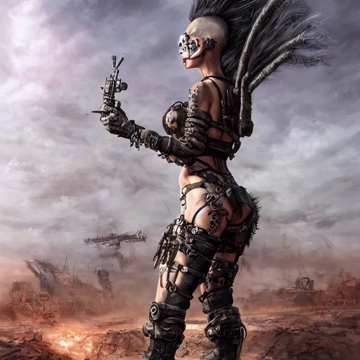 Image similar to beautiful apocalyptic woman with Mohawk, standing on mad max panzer tank, hyper-detailed, smooth, sharp focus, 4k ultra hd, fantasy dark art, tank girl, artgerm, artstation, octane render, elegant, detailed digital painting, apocalyptic art