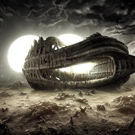 Image similar to monster made of bones and rotten flesh , abandoned space ship, dark, atmospheric , depressive