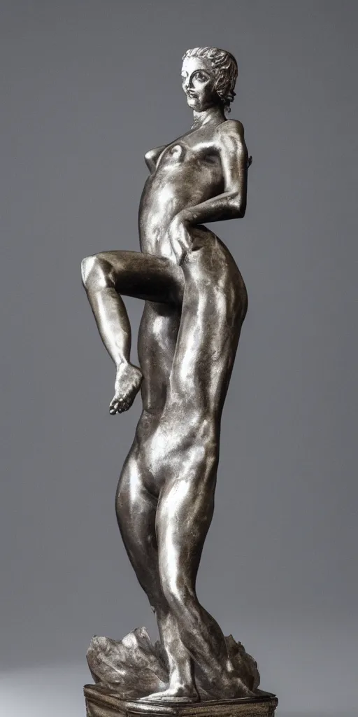 Image similar to detailed photo of old silver patina statue of most famous woman, full body portrait, various bending poses, photorealism, intricate detail, museum diffuse lighting