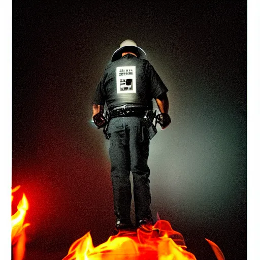 Image similar to burning head cop, centered, at night, mid shot, editorial photography