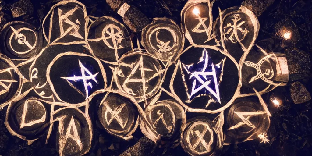 Image similar to group of mages in a circle, wearing hoods, casting a spell, runes surrounding the center, mysterious