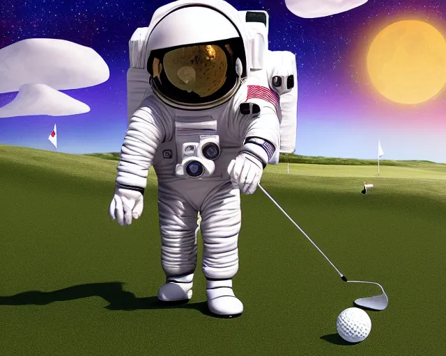 Image similar to an astronaut playing golf in space, 3d art by marco zagara