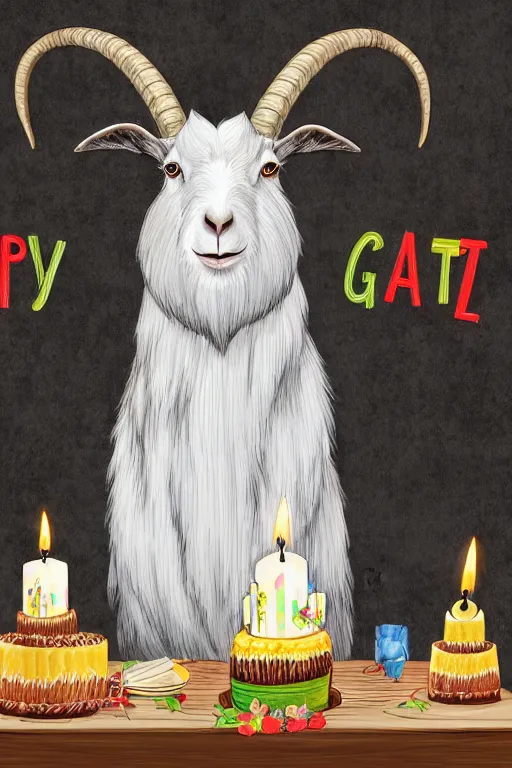 Prompt: a goat with a long white beard, sitting in front of a birthday cake with many lit candles, in the style of a children's book illustration, cute, highly detailed digital art