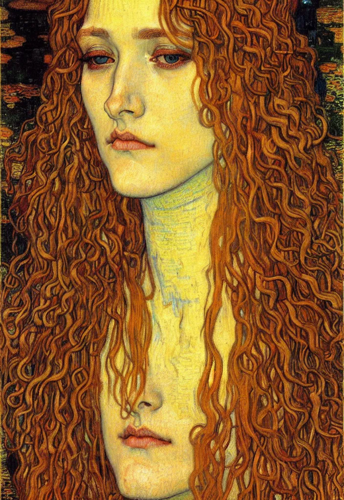 Image similar to detailed realistic beautiful young medieval queen face portrait by jean delville, gustav klimt and vincent van gogh, art nouveau, symbolist, visionary, gothic, pre - raphaelite, muted earthy colors, desaturated