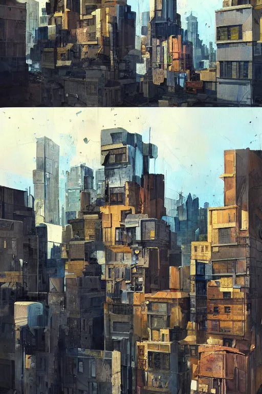 Image similar to a painting of a city with lots of buildings, a cubist painting by Jon Foster, trending on Artstation, deconstructivism, glitch art, greeble, cubism