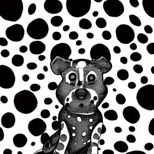 Image similar to black spotted grey dog wearing cool clothes, style of caricature and Junji Ito, 4k, Deviantart