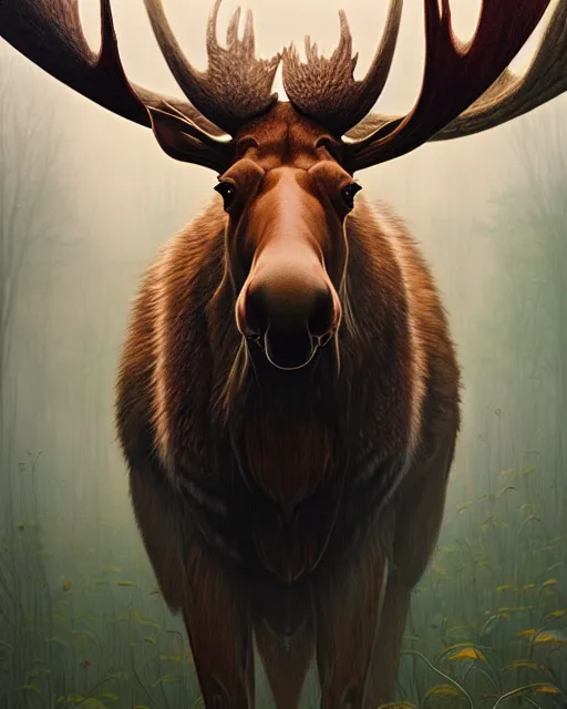 Image similar to highly detailed surreal vfx portrait of a sacred moose, stephen bliss, unreal engine, greg rutkowski, loish, rhads, beeple, makoto shinkai and lois van baarle, ilya kuvshinov, rossdraws, tom bagshaw, alphonse mucha, global illumination, detailed and intricate environment