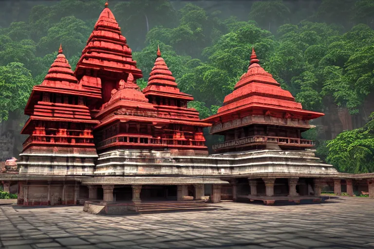 Image similar to beautiful kamakhya temple, Guwahati, Hindu archiitecture, Vue 3d render, v-ray, unreal engine, HDR cinematic lighting, wide angle shot, 8K textures, high resolution, a lot of details