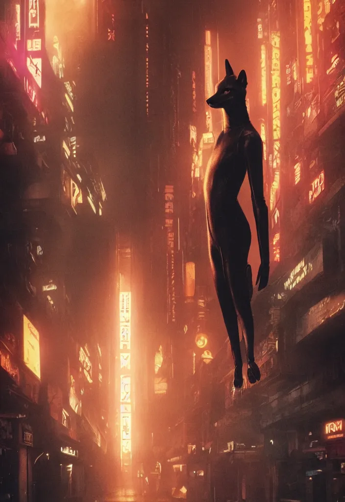 Image similar to anthro fox furry in Blade Runner: 2049, wearing a leather uniform, city streets, fursona, anthropomorphic, furry fandom, film still