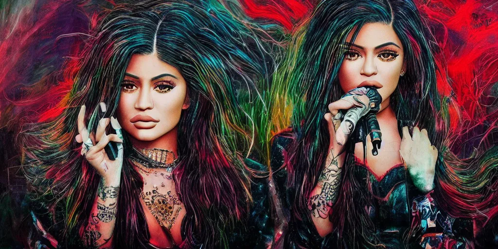 Image similar to hyper realistic kylie jenner on a tomorrow land stage in the style of a slipknot album cover, minimal art style, highly detailed, intricate, digital painting, artstation, 3 5 mm film grain