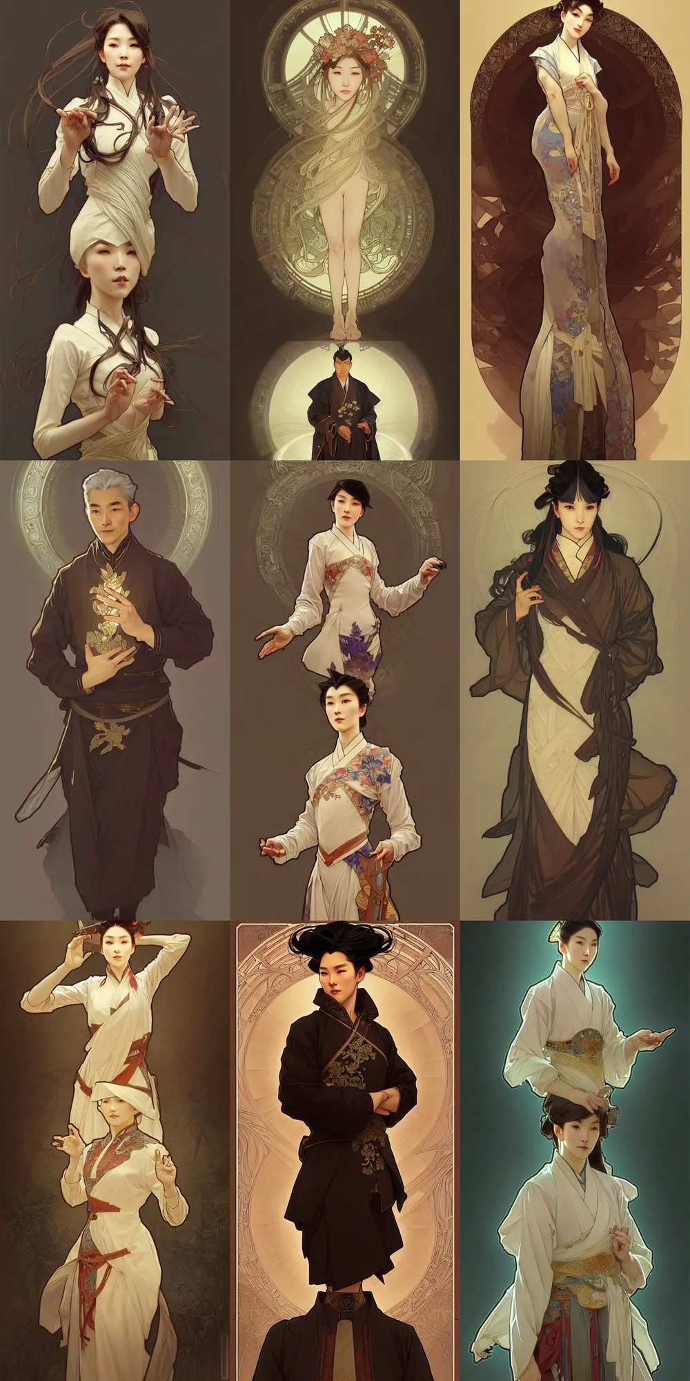 Image similar to a digital concept ar by artgerm and greg rutkowski and alphonse mucha. clear portrait of a lonely attractive elder in uniform of tang dynasty!! tang dynasty book, light effect. hyper detailed, character concept, full body!! t pose!! glowing lights!! intricate, elegant, digital painting, artstation, smooth, sharp focus