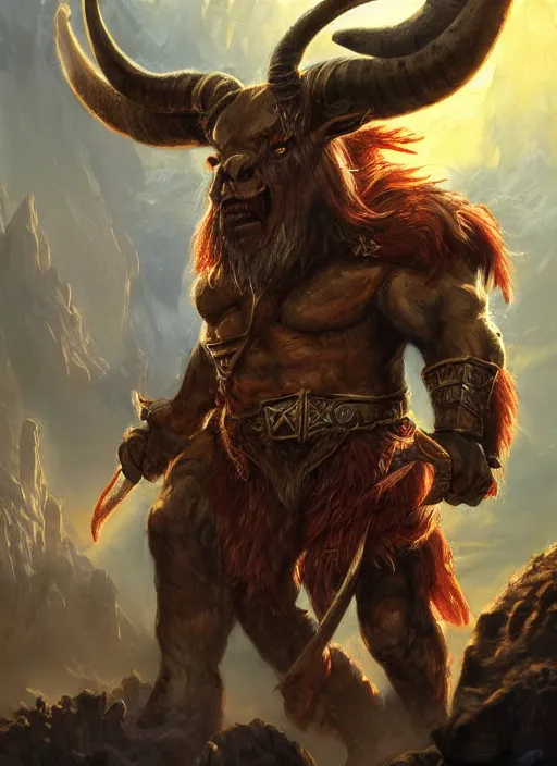 Image similar to minotaur dnd, ultra detailed fantasy, dndbeyond, bright, colourful, realistic, dnd character portrait, full body, pathfinder, pinterest, art by ralph horsley, dnd, rpg, lotr game design fanart by concept art, behance hd, artstation, deviantart, hdr render in unreal engine 5