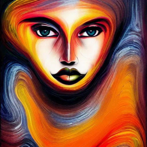 Image similar to abstract art with swirly black liquid acrylic paint and beautiful female face, beautiful color composition, warm colors, black details, sculpture, dark mood