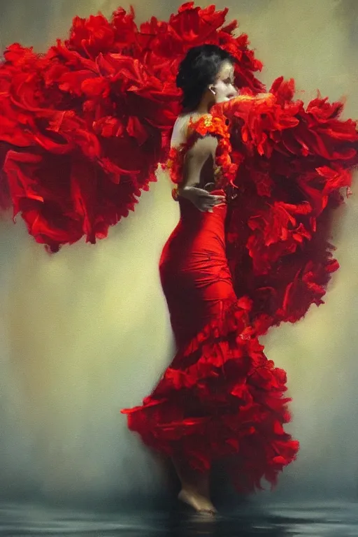 Image similar to detailed oil painting of spanish flamenco dancer wearing a red dress made of flowers, engulfed in flames, she's standing waist deep in water, dimly lit, looking away, dark shadows, ethereal, foggy, moody, surreal, high definition, 4 k, slr