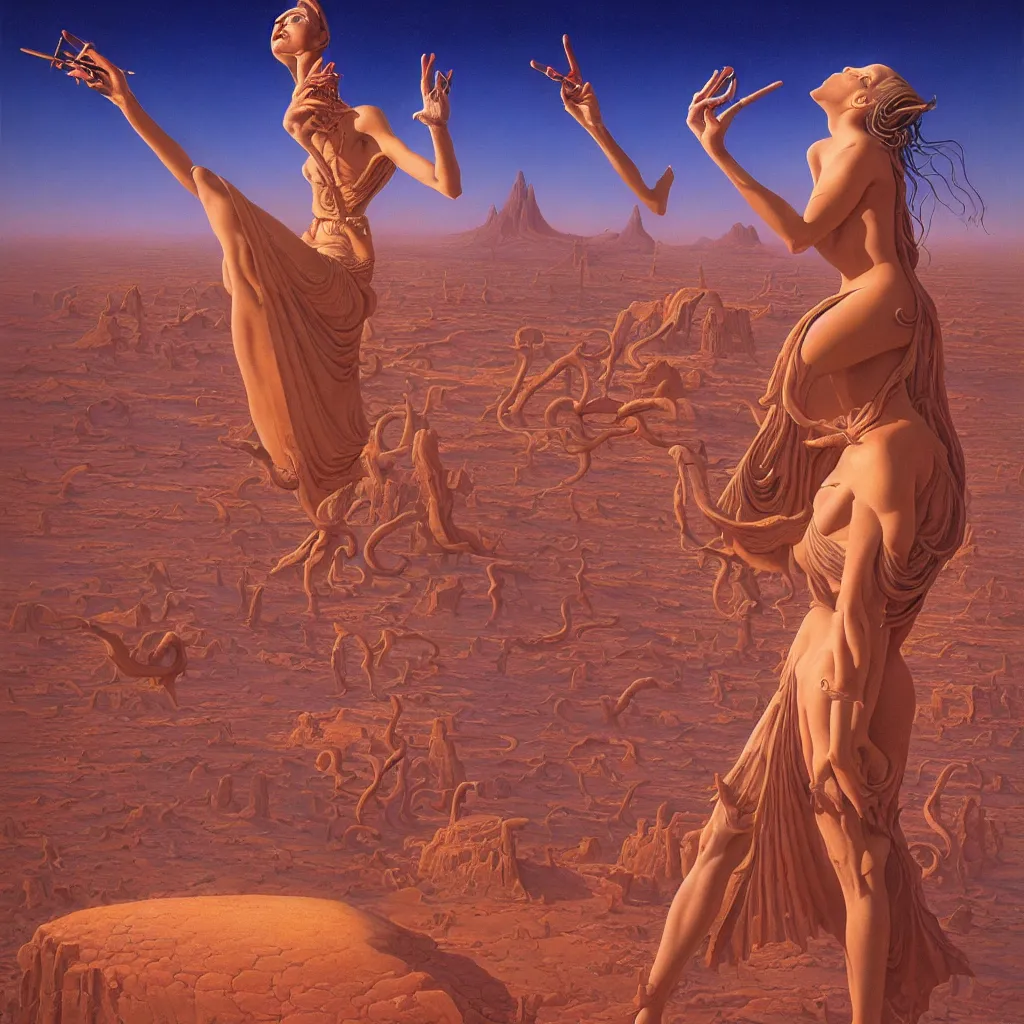 Prompt: goddess casting spell in the desert, in the style of dali, tim hildebrandt, wayne barlowe, bruce pennington, donato giancola, larry elmore, oil on canvas, masterpiece, trending on artstation, featured on pixiv, cinematic composition, beautiful lighting, sharp, details, hyper - detailed, hd, hdr, 4 k,