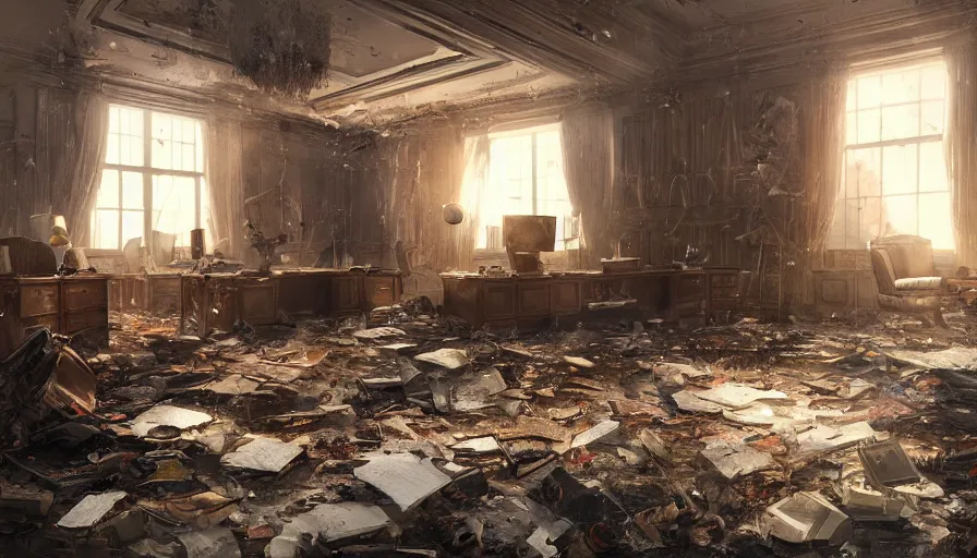 Image similar to interior of destroyed oval office, debris, small fire, hyperdetailed, artstation, cgsociety, 8 k