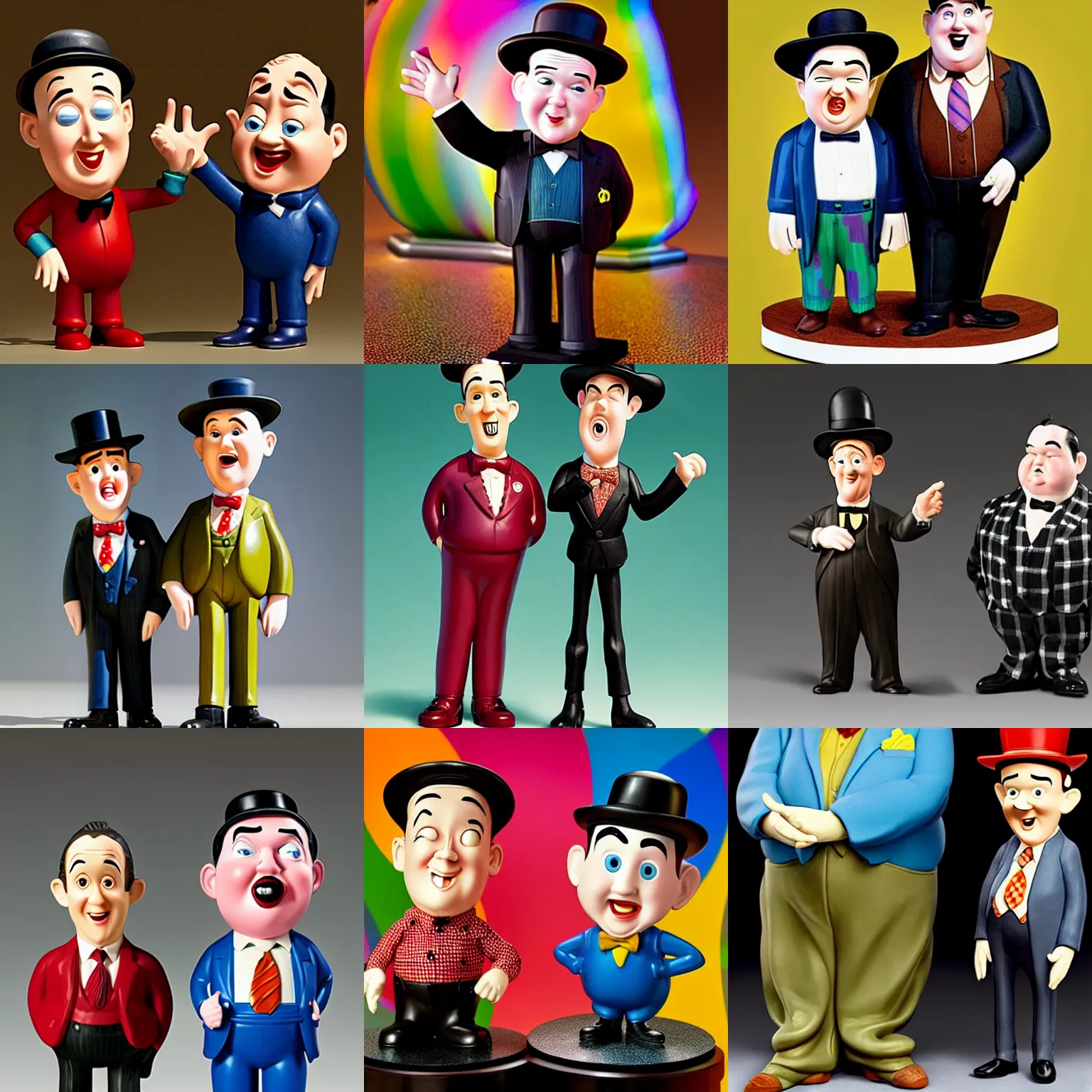 Prompt: stan laurel and oliver hardy as a pixar figurine, vibrant, hyperrealistic, maximalism, mystical, ornate, intricate