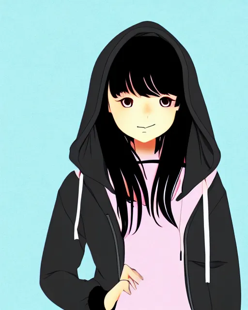 Image similar to black haired girl wearing hoodie, detailed city background, anime illustration by anmi