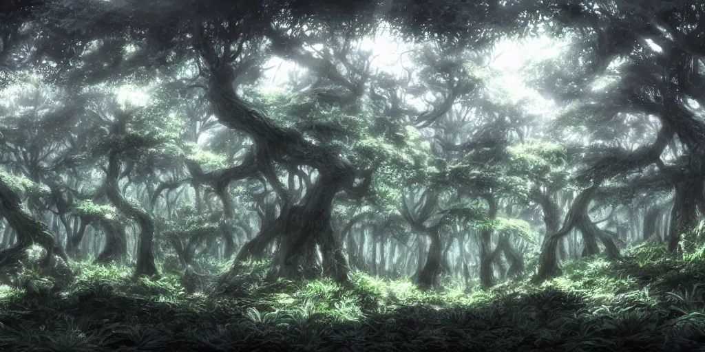 Image similar to a beautiful spiritual forest panorama concept art, by masanori warugai and kentaro miura, atmospheric light