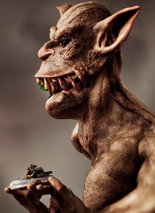 Image similar to closeup profile face portrait of a medieval goblin eating cakes in the cloisters, depth of field, zeiss lens, detailed, symmetrical, centered, fashion photoshoot, by by hyung tae, frank frazetta, bosch, giger, breathtaking, 8 k resolution, extremely detailed, beautiful, establishing shot, artistic, hyperrealistic, beautiful face, octane render