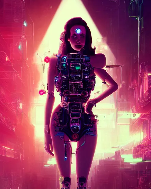 Prompt: portrait of lana del rey as a cyberpunk cyborg. roses, sci - fi, missing panels, intricate abstract, upper body, intricate artwork, by tooth wu, wlop, beeple, dan mumford. concept art, 8 k octane render, deviantart, greg rutkowski, cinematic, key art, hyperrealism, iridescent accents