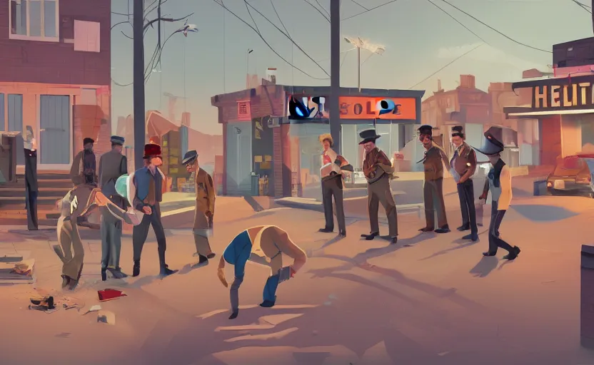 Prompt: a group of village people meet a detective to outside his office house, james gilleard, print, game art