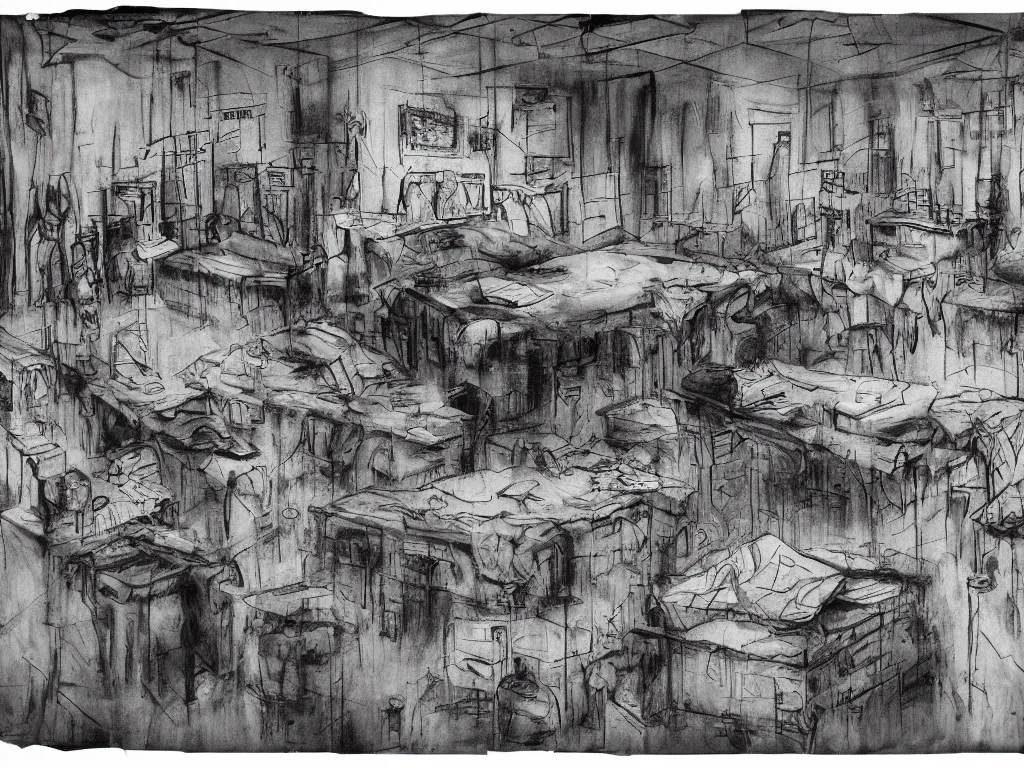 Image similar to “A spectral archive of an interrogation room in Guantanamo Bay detention center with military men and women facing, surrounding detainees, expressionist maleficent atmosphere, drawings on dirty walls, slack of papers, photographs hanging on a board, injustice, depredation, depravation, redacted, highly detailed, texturized, raw footage”