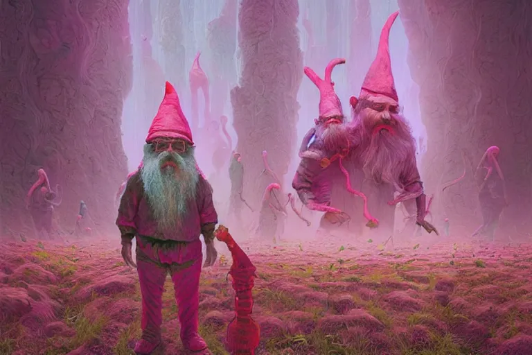 Image similar to hyperdetailed psychedelic horror fantasy portrait of gnomes by wayne barlowe and beeple, vivid color, album cover,