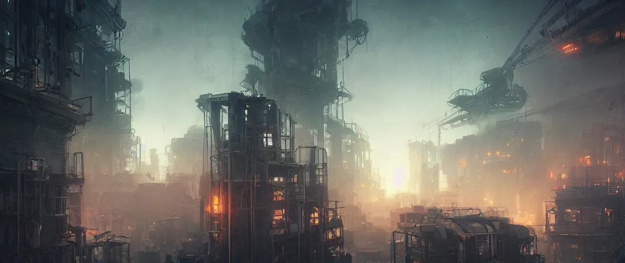 Image similar to dystopian city of factories, lots of smoke rising from chimneys, concept art, digital painting, style of jordan grimmer, dark green lighting, futuristic, volumetric lighting, view from below, symmetrical, vivid colours, bright, daytime, godrays, high detail