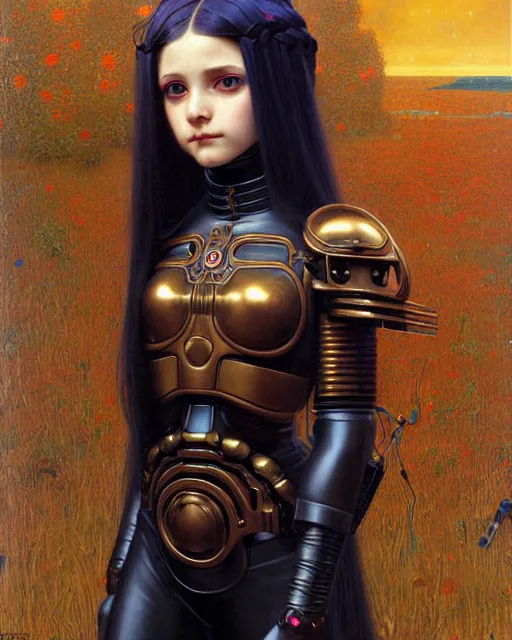 Prompt: portrait of beautiful cute young goth maiden cyborg girl with braided hair in warhammer mechanical armor, art by ( ( ( kuvshinov ilya ) ) ) and wayne barlowe and gustav klimt and artgerm and wlop and william - adolphe bouguereau