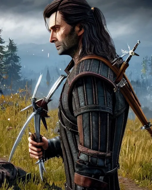 Image similar to David Tennant in the role of Witcher III Gerald of Rivia, amazing short, 8K, IMAX, ultra detailed