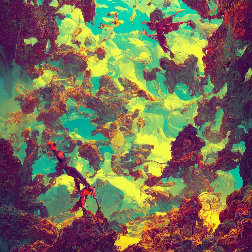 Image similar to colourful breathtakingly weird beautiful powerful magical wonderfully majestic beautifully cool character by michael whelan and moebius and beeple and kilian eng and dan mcpharlin and pascal blanche and jamie hewlett and richard dadd, symmetrical, magical stormy reflections, smoke on water, 8 k artstation