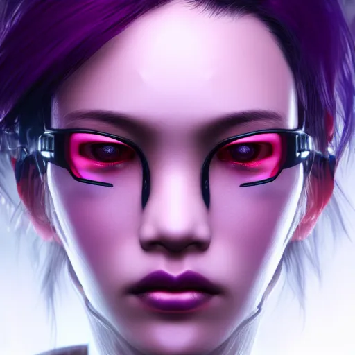 Prompt: Close up portrait of a young Asian Cyberpunk woman with dark purple hair, hyperdetailed, artstation, cgsociety, 8k