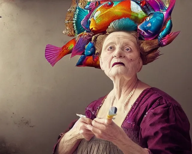 Image similar to an innocent and beautiful scene in hyper realistic style, about an old and lonely woman applying makeup in front of the camera, and modeling a victorian dress. a huge and colorful fish sits on her head.