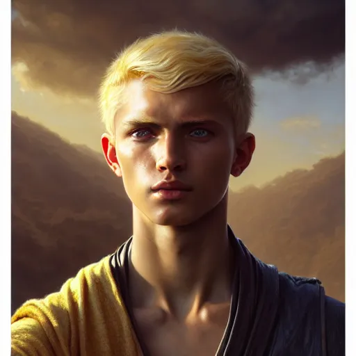 Image similar to portrait painting of a sun - kissed young melancholic man with a soft face and short blonde hair wearing armor, ultra realistic, concept art, intricate details, eerie, highly detailed, photorealistic, octane render, 8 k, unreal engine. art by artgerm and greg rutkowski and charlie bowater and magali villeneuve and alphonse mucha